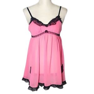 Betsey Johnson Sheer Black Babydoll Pink Lace Cami Nightgown